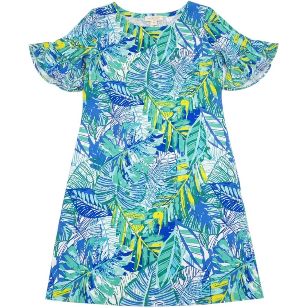 Pappagallo Tropical Palm Leaf Ruffle Bell Sleeve Shift Dress Blue Green Yellow L